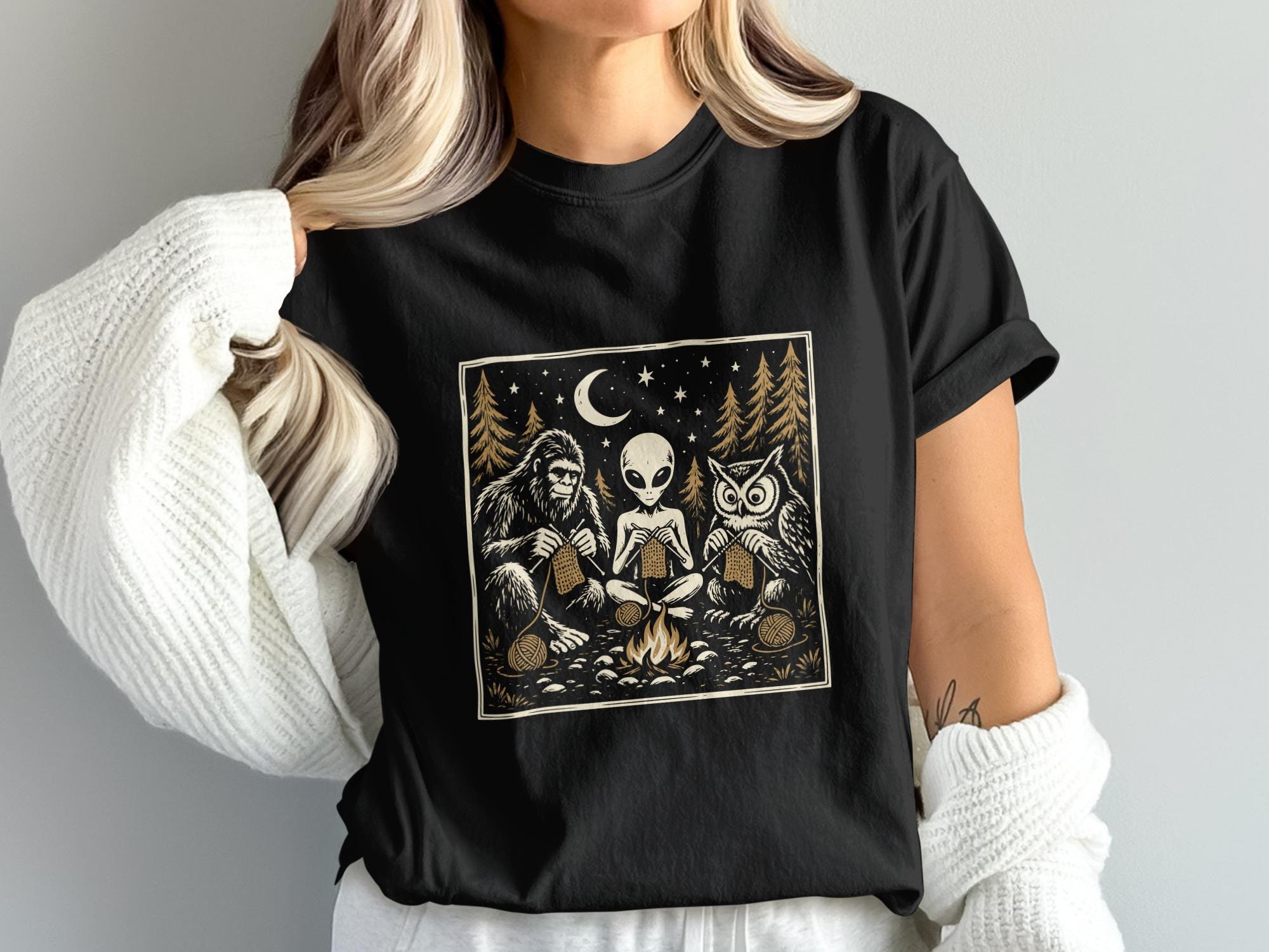 Bigfoot Alien Owl Knitting PNG, Cryptid Campfire Art, Sasquatch Alien Owl Sublimation Design Digital