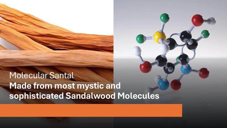 Puede incluir: Imagen dividida en dos. A la izquierda, varios trozos de madera marr&oacute;n clara y oscura est&aacute;n dispuestos. A la derecha, un modelo molecular con esferas de colores y varillas de conexi&oacute;n. El texto dice "Molecular Santal Made from most mystic and sophisticated Sandalwood Molecules."