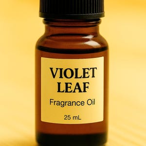May include: A small, brown glass bottle of Violet Leaf Fragrance Oil with a black cap. The label is cream-colored with black text, stating "VIOLET LEAF Fragrance Oil 25 mL". The bottle is on a light yellow background.