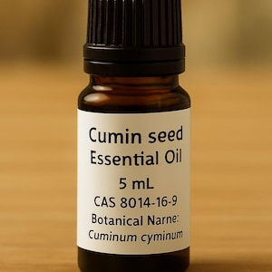 May include: A small, dark amber glass bottle of cumin seed essential oil. The label reads "Cumin seed Essential Oil 5 mL". The bottle has a black cap and is set against a blurred, warm-toned background.