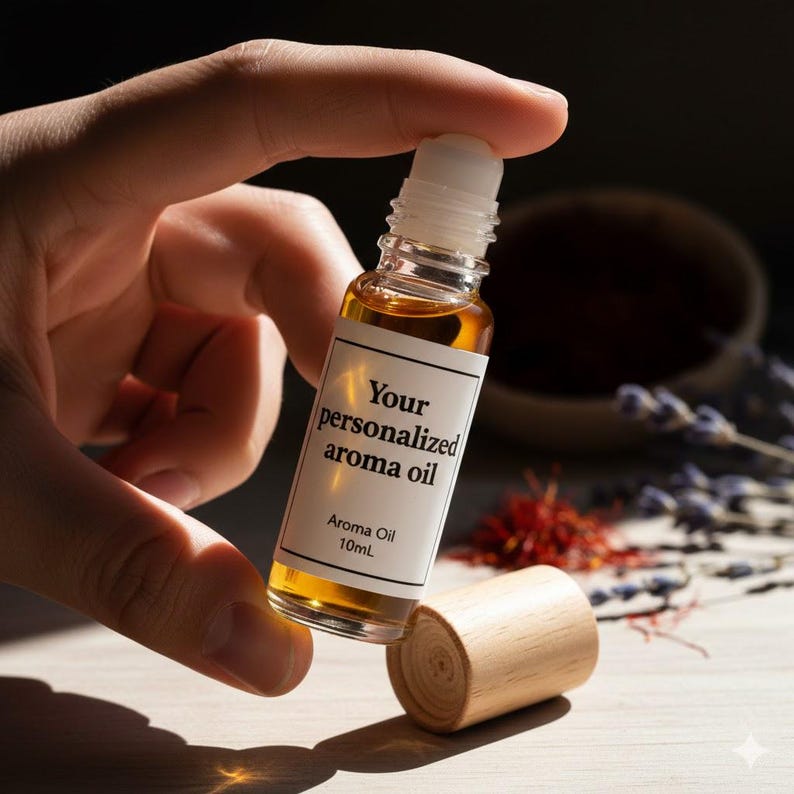 Puede incluir: Una peque&ntilde;a botella de aceite arom&aacute;tico de vidrio con una etiqueta blanca que dice "Your personalized aroma oil". La botella contiene un l&iacute;quido dorado y est&aacute; sujeta por una mano. La tapa de madera est&aacute; al lado de la botella. La etiqueta tambi&eacute;n dice "Aroma Oil 10ml".