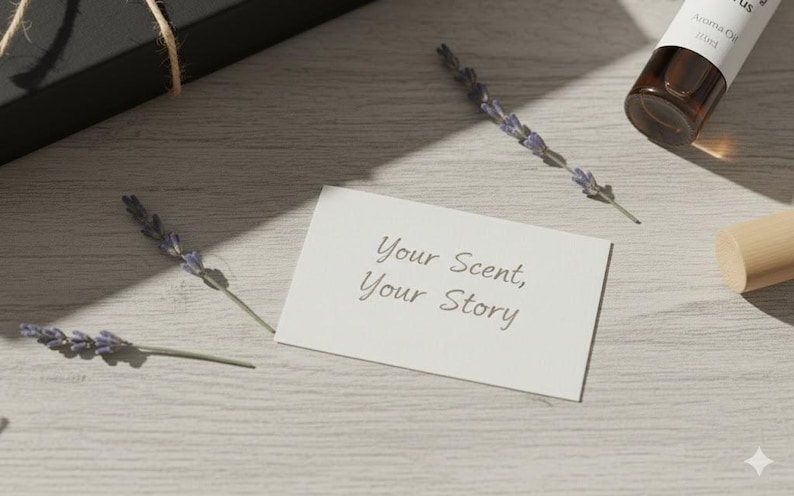 Puede incluir: Exhibici&oacute;n de productos de aromaterapia con una botella de vidrio marr&oacute;n, un tap&oacute;n de madera y ramitas de lavanda. Tambi&eacute;n hay una tarjeta blanca con el texto "Your Scent, Your Story". Los art&iacute;culos est&aacute;n sobre una superficie de madera clara.