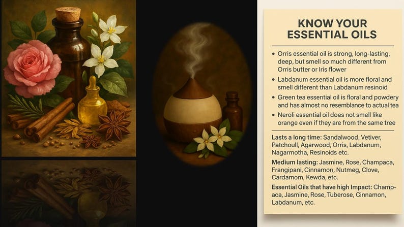 Cardamom, Vetiver, Bergamot, Cinnamon,Labdanum, Neroli, Lavender, Bitter Orange, Champaca, Clary Sage, Clove Bud, Dafodils, Frangipani, Gardenia, Ginger Assam, Green Tea, Hyacinth, Kewda, Lemon, Lillac, Peppermint, Spearmint, Pineneedle, Carrot Seed, Dill, Hay, Grapefruit, Thyme, Marigold/Tagets, Violet Leaf, Hina, Mace, Turmeric, BlackPepper, Lime, Cumin Seed, Eucalyptus, Fir Needle, Wintergreen, Nutmeg, Tea Tree, Fennel, Rosemarry, Basil, Lemongrass, Coriander, Bayleaf, Cedarwood