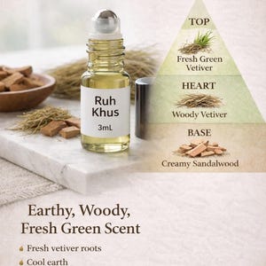 Puede incluir: Un peque&ntilde;o frasco roll-on de perfume Ruh Khus de 3 ml, con tapa plateada. El perfil olfativo incluye vetiver verde fresco, vetiver amaderado y s&aacute;ndalo cremoso. La etiqueta dice "Ruh Khus".