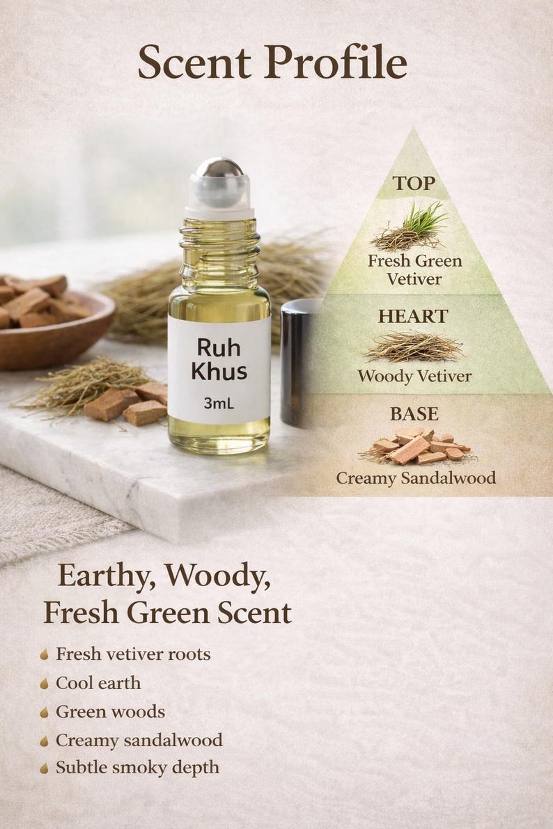Puede incluir: Un peque&ntilde;o frasco roll-on de perfume Ruh Khus de 3 ml, con tapa plateada. El perfil olfativo incluye vetiver verde fresco, vetiver amaderado y s&aacute;ndalo cremoso. La etiqueta dice "Ruh Khus".