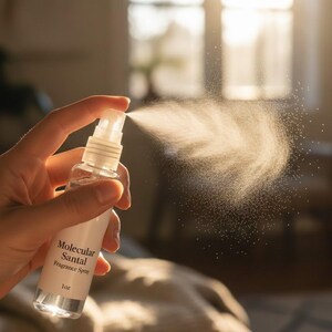 Puede incluir: Un frasco de spray de fragancia de vidrio transparente etiquetado como "Molecular Santal Fragrance Spray" se est&aacute; rociando, creando una nube de part&iacute;culas finas. El frasco se sostiene en una mano, con un fondo borroso.