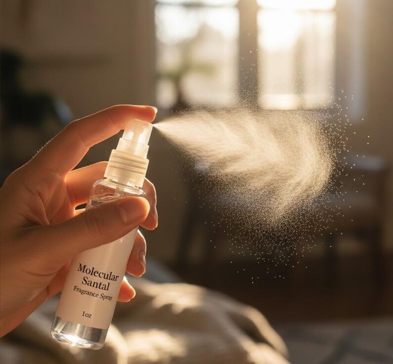 Puede incluir: Un frasco de spray de fragancia de vidrio transparente etiquetado como "Molecular Santal Fragrance Spray" se est&aacute; rociando, creando una nube de part&iacute;culas finas. El frasco se sostiene en una mano, con un fondo borroso.