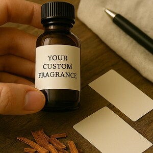 May include: A small amber glass bottle with a black cap, labeled "YOUR CUSTOM FRAGRANCE", is held by a hand. Beside it are blank cards, a pen, and wood chips, suggesting a fragrance sample kit.