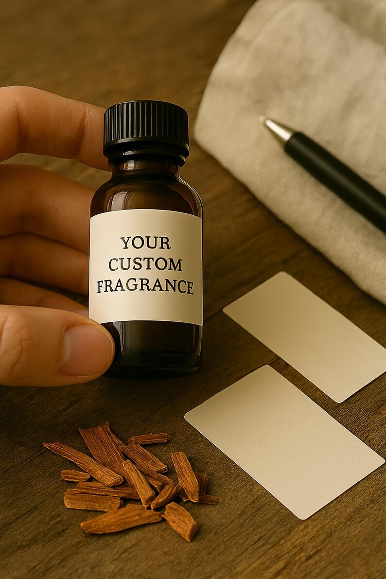 May include: A small amber glass bottle with a black cap, labeled "YOUR CUSTOM FRAGRANCE", is held by a hand. Beside it are blank cards, a pen, and wood chips, suggesting a fragrance sample kit.