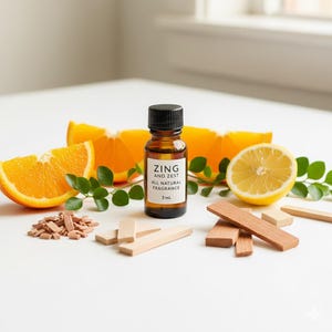 May include: A small amber glass bottle with a black cap labeled "ZING AND ZEST ALL NATURAL FRAGRANCE 3 mL" sits among orange slices, a lemon half, and wooden sticks. Green leaves and small wood chips are also present.