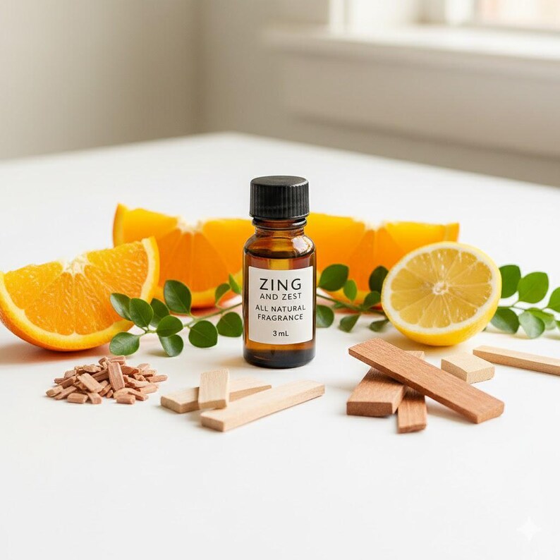 May include: A small amber glass bottle with a black cap labeled "ZING AND ZEST ALL NATURAL FRAGRANCE 3 mL" sits among orange slices, a lemon half, and wooden sticks. Green leaves and small wood chips are also present.