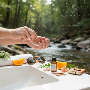 May include: A small brown bottle of essential oil labeled "ZING" sits on a white surface with an orange slice, sunglasses, and a small leather-bound notebook. The background features a flowing river and lush greenery.