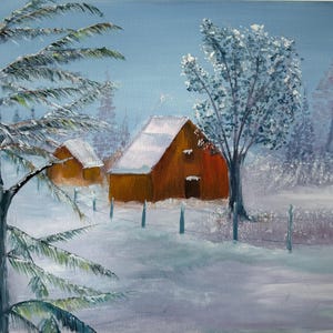 Winter Landscape Oil Painting: Rustic Barns, Snowy Countryside