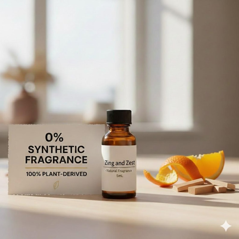 May include: A small amber glass bottle of "Zing and Zest" natural fragrance with a black cap, next to an orange peel, orange slice, and small wooden blocks. A card reads "0% Synthetic Fragrance, 100% Plant-Derived."