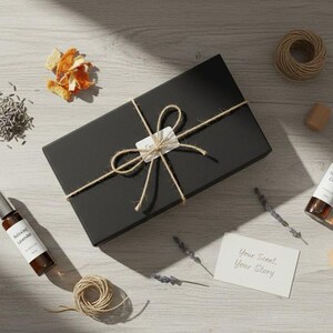 May include: A black gift box tied with twine, accompanied by essential oil bottles, dried flowers, and lavender sprigs. The bottles have labels that read "Inviting Dreams". A small card reads "Your Scent, Your Story".