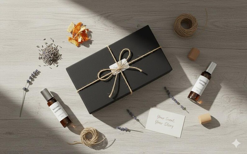 May include: A black gift box tied with twine, accompanied by essential oil bottles, dried flowers, and lavender sprigs. The bottles have labels that read "Inviting Dreams". A small card reads "Your Scent, Your Story".