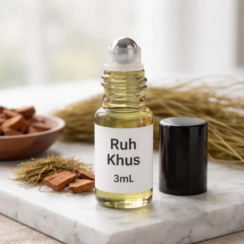 Puede incluir: Una peque&ntilde;a botella de vidrio de perfume Ruh Khus con una tapa de bola rodante plateada y una tapa negra. La etiqueta dice "Ruh Khus 3ml". La botella est&aacute; llena de un l&iacute;quido amarillo claro. La botella est&aacute; sobre una superficie de m&aacute;rmol.