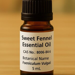 May include: A small amber glass bottle of Sweet Fennel Essential Oil with a black cap. The label includes the botanical name Foeniculum Vulgare and the volume, 5 mL. The background is a blurred, warm color.