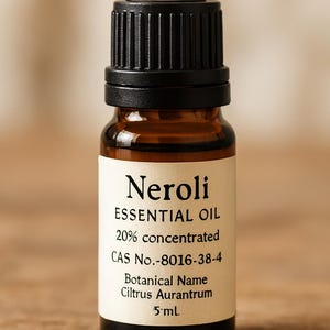 May include: A small amber glass bottle of Neroli essential oil with a black cap. The label reads "Neroli ESSENTIAL OIL 20% concentrated" and lists the CAS number and botanical name. The bottle contains 5 ml of oil.