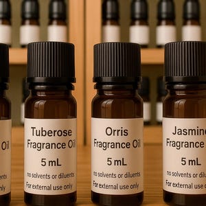 May include: Four small amber glass bottles of fragrance oil with black caps and white labels. The labels read "Rose", "Tuberose", "Orris", and "Jasmine" Fragrance Oil, each containing 5 mL. The text "no solvents or diluents" and "For external use only" is also printed on the labels.
