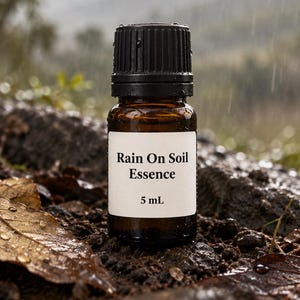 May include: A small amber glass bottle with a black ribbed cap, featuring a white rectangular label with the black text Rain On Soil Essence and 5 mL. The bottle is positioned upright on dark, damp soil with scattered wet brown leaves.