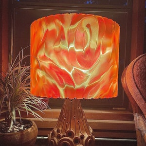 Retro Mid-Century Drum Lampshade: Orange, Red & Yellow Tones for Tiki Bar, Lounge, Living Room Decor