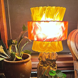 MCM or Tiki-style lampshade.  In yellow, orange and red tones.  Perfect for any Retro, Vintage or Modern decor.