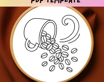 Patrón de bordado de granos de café derramados, diseño de bordado a mano de taza y granos, plantilla de puntada de café en PDF, bordado de cocina moderno DIY