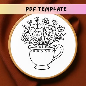 Teacup Flowers Embroidery Pattern, Floral Hand Embroidery PDF, Blooming Tea Cup Hoop Design, DIY Flower Stitch Template