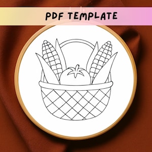 Vegetable Basket Embroidery Pattern, Corn and Tomato Stitch Design PDF, Harvest Hand Embroidery, Farmhouse Kitchen Embroidery Template
