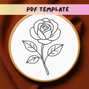 バラの花の刺繍パターン、咲き誇るバラの手刺繍デザイン、ボタニカルステッチのPDF、花の刺繍枠のテンプレート、初心者向け装飾
