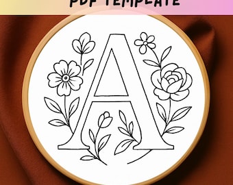 Floral Letter A Embroidery Pattern, Monogram Hand Embroidery Template, Botanical Alphabet Stitch PDF, Decorative Initial Hoop Design