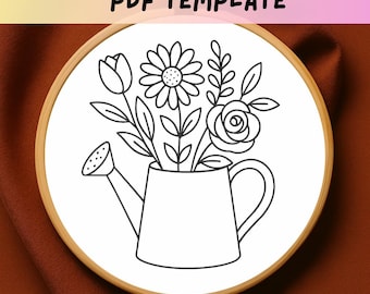 Gieter bloemenborduurpatroon, pdf-sjabloon lentebloemsteek, botanische handborduurring, ontwerp voor beginnende tuinier