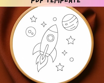 Rocket Hand Embroidery Pattern, Space Stitch PDF Template, Outer Space Embroidery Design, Astronaut DIY Hoop Art, Beginner Embroidery File