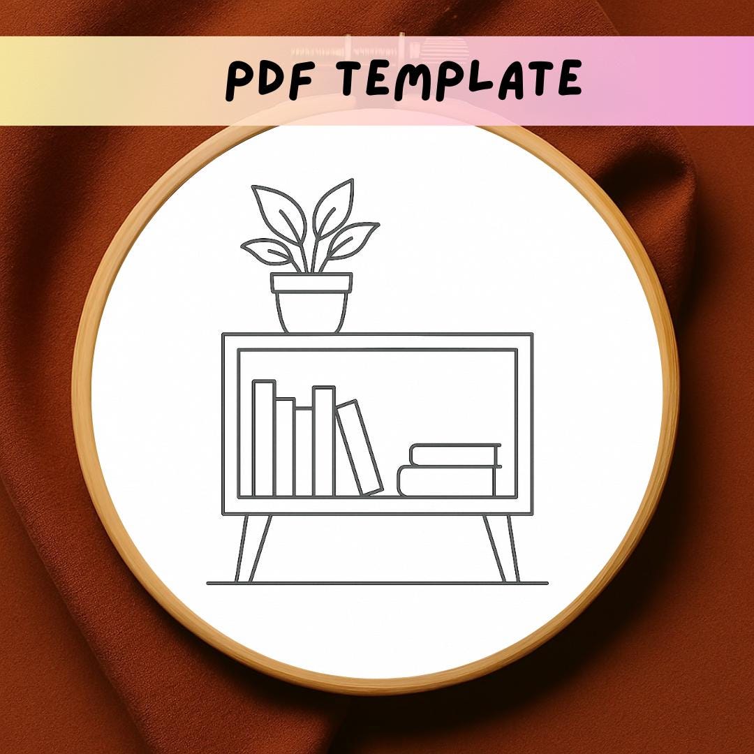Bookshelf & Plant Hand Embroidery Pattern, Book Corner Stitch Design ...
