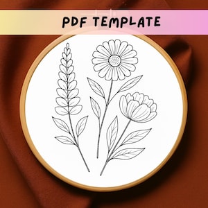 Three Wildflowers Embroidery Pattern, Botanical Hand Embroidery PDF, Modern Floral Stitch Design, DIY Hoop Art, Beginner Embroidery Template