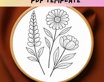 Patrón de bordado de tres flores silvestres, PDF de bordado botánico a mano, diseño moderno de puntada floral, arte de bastidor DIY, plantilla de bordado para principiantes