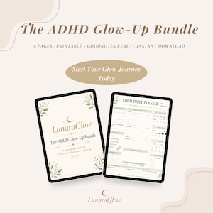 Può includere: Il set di pianificatori digitali The ADHD Glow-Up Bundle mostra due schermi di tablet con 8 pagine di modelli stampabili. Il testo recita The ADHD Glow-Up Bundle, 8 Pages, Printable, Goodnotes Ready, Instant Download, Start Your Glow Journey Today, LunaraGlow e ADHD Daily Planner con varie sezioni di monitoraggio.