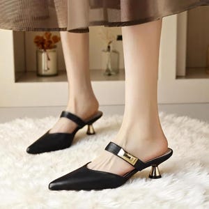 Women&#39;s shoes – Beige Summer Heels, Pointed Toe Rivet Mules, Kitten Heel Sandals, Casual Shoes, Office and Party Shoes, Gift for her