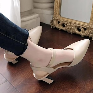 Women&#39;s heels, High Heels Shoes – Soft Leather Closed Toe Sandals, Solid Color Thick Heels, Office Shoes, Party shoes, White shoes women