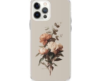 Puede incluir: Una funda de teléfono con un diseño floral. La funda tiene un fondo beige con un ramo de peonías color melocotón y crema y hojas verdes. La funda del teléfono tiene un borde transparente y protector.