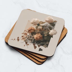 Vintage Hydrangea Floral Cork-back Coaster - Watercolor Design