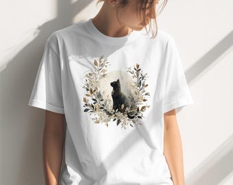 Whimsical Black Cat T-Shirt: Moon and Floral Botanical Design