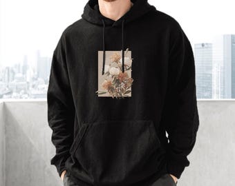 Vintage Floral Art Unisex Black Hoodie - Cozy Nature-Inspired Streetwear