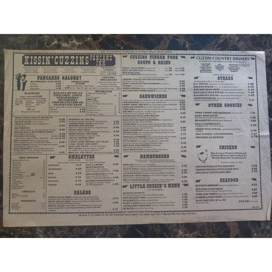 Kissin' Cuzzins Pancake Inn Placemat Menu Restaurant Etsy