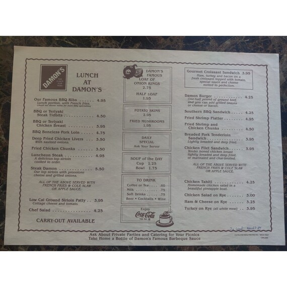 Damon's Ribs Placemat Menu Restaurant Advertising Paper Etsy