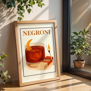 Wydruk artystyczny koktajlu Negroni | Pobieranie cyfrowe | Wózek barowy lub dekoracja kuchni inspirowana stylem vintage