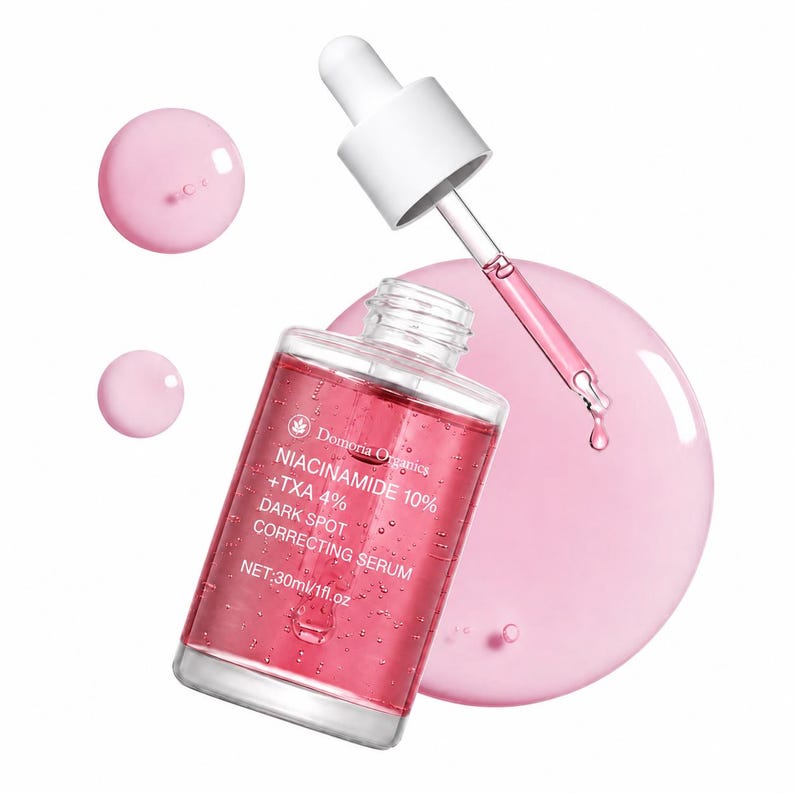 May include: A clear glass bottle of Domoria Organics Niacinamide 10% + TXA 4% Dark Spot Correcting Serum. The bottle is filled with a pink liquid, and a dropper is extended from the bottle. Pink liquid droplets are scattered around the bottle.