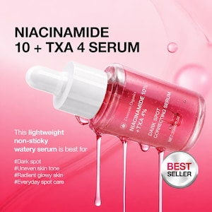 May include: A pink serum bottle with a white dropper, labeled "NIACINAMIDE 10 + TXA 4 SERUM." The bottle is angled, with serum dripping down. Text on the bottle includes "Dark Spot Correcting Serum" and "Best Seller."
