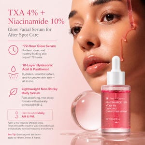 May include: A clear glass bottle of Dosmoria Organics Niacinamide 10% + TXA 4% Dark Spot Correcting Serum. The bottle contains a pink liquid and has a white dropper. The text on the bottle reads "Glow Facial Serum for After Spot Care".